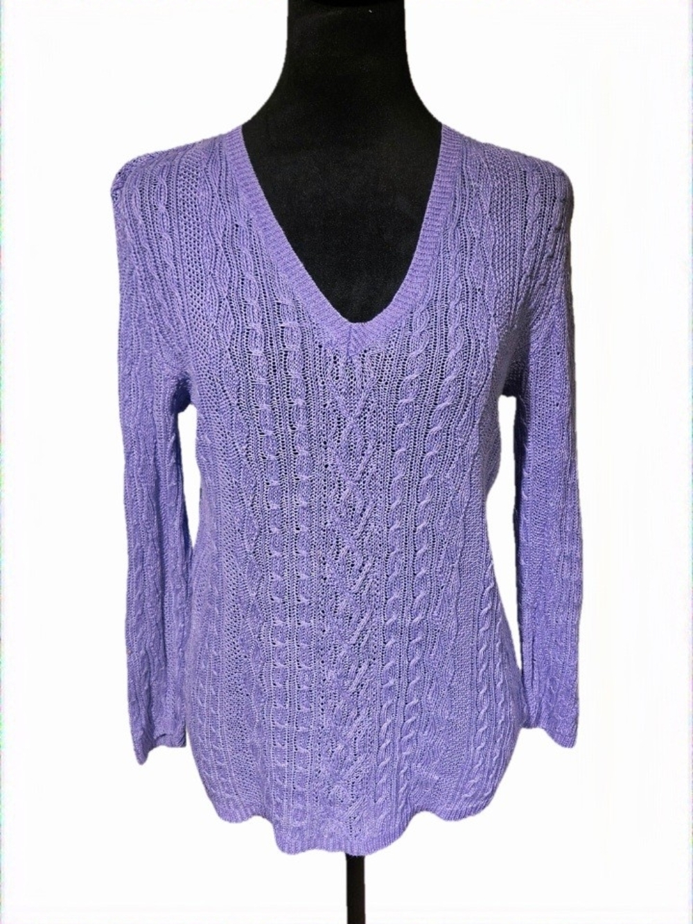 Ralph Lauren 100% Linen Lilac Open Cable-Knit V-Neck Sweater